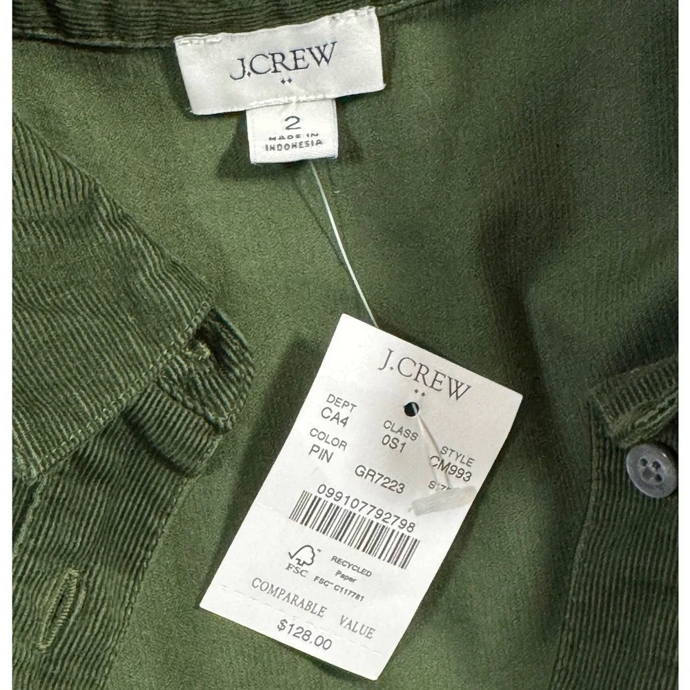 J.Crew Green Corduroy Mini Shirt Dress Long Sleeve Belted CM993 Women's Size 2